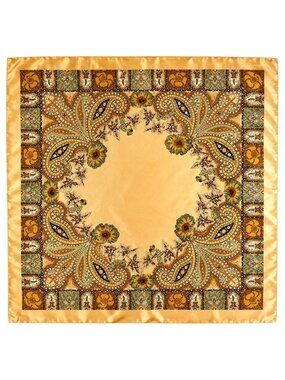 Luxury Paisley Floral Satin Scarf for Women – 35” Square Golden Honey Gold Sage